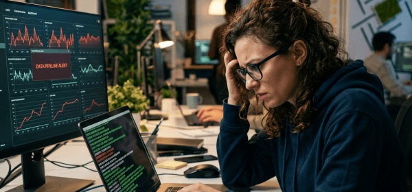 Stressed data engineer analyzing code and pipeline alerts on laptop and desktop screens