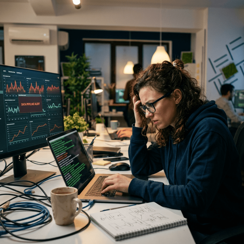Stressed data engineer analyzing code and pipeline alerts on laptop and desktop screens