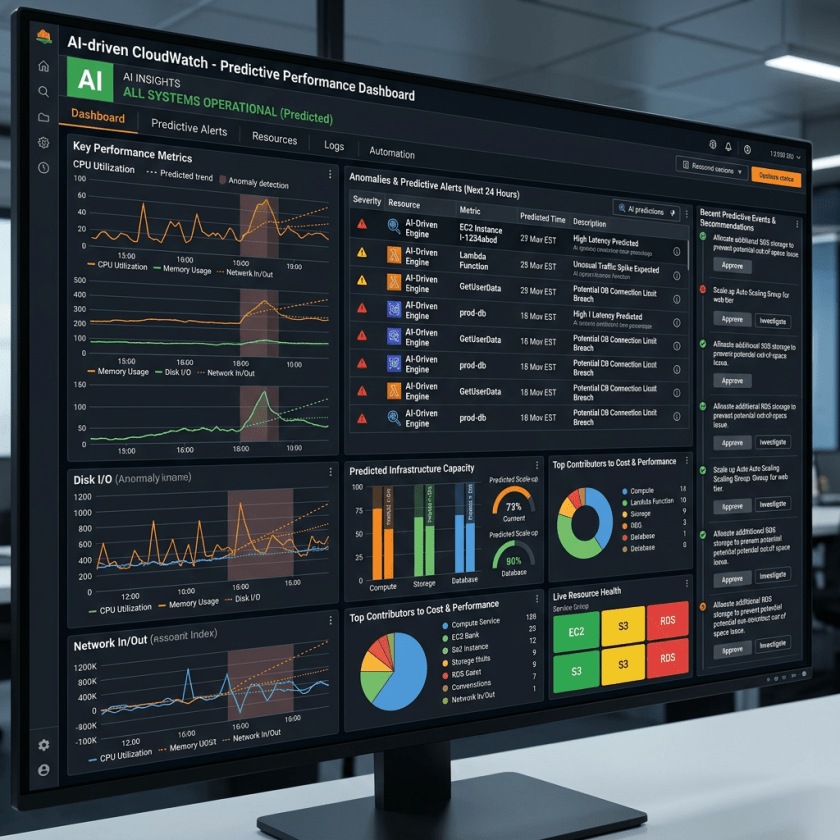 AI-driven CloudWatch predictive performance dashboard with graphs and alerts