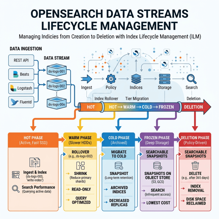 OpenSearch data streams lifecycle management phases including Hot, Warm, Cold, Frozen, and Deletion with data ingestion sources and index management steps