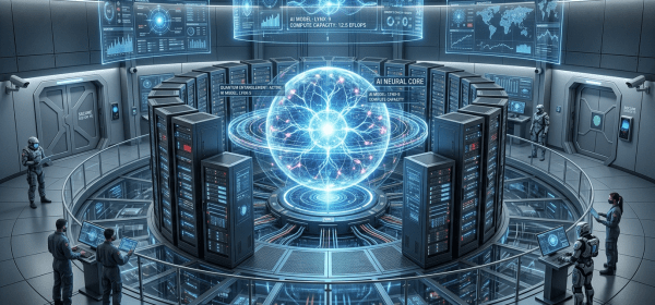 Central AI neural core with quantum entanglement hologram surrounded by server racks and researchers in a secure lab