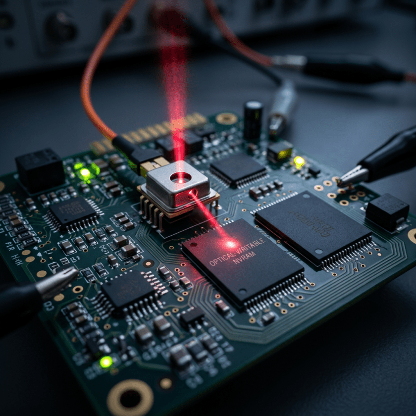 Laser beam focusing on optical-writable NVRAM chip on a circuit board with connected test probes