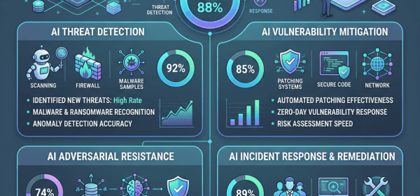 Infographic showing AI cybersecurity evaluation with scores for threat detection, vulnerability mitigation, adversarial resistance, and incident response.