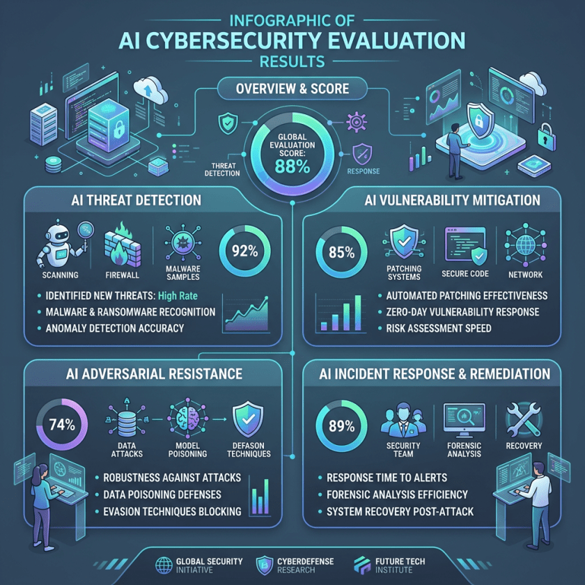 Infographic showing AI cybersecurity evaluation with scores for threat detection, vulnerability mitigation, adversarial resistance, and incident response.