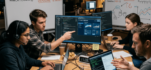 Four developers working on computers with whiteboards showing AI app rebuild tasks and deadlines
