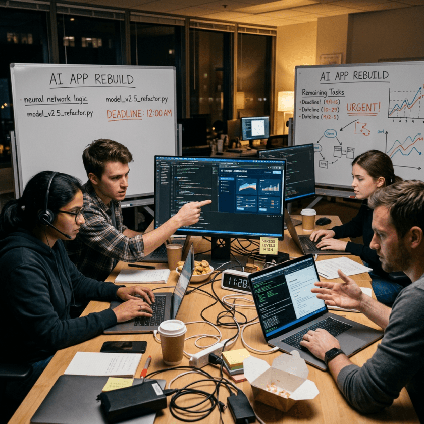 Four developers working on computers with whiteboards showing AI app rebuild tasks and deadlines