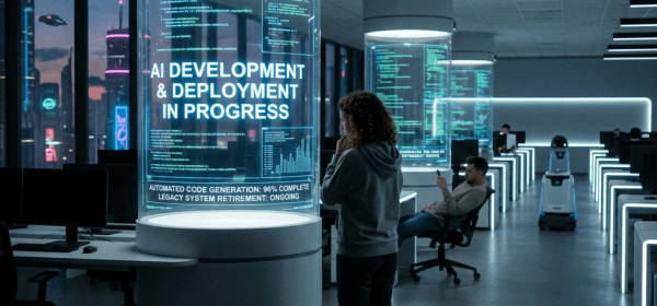 Office with holographic cylindrical displays showing AI development progress and people working