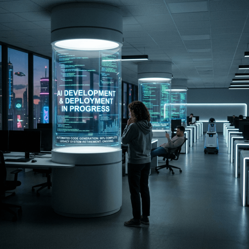 Office with holographic cylindrical displays showing AI development progress and people working