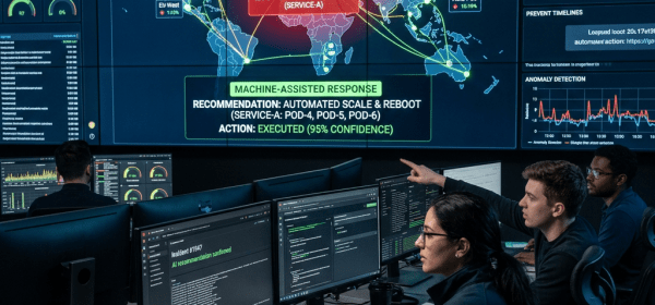 IT team monitoring global latency spike incident on multiple screens in operations center