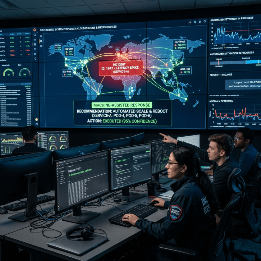 IT team monitoring global latency spike incident on multiple screens in operations center