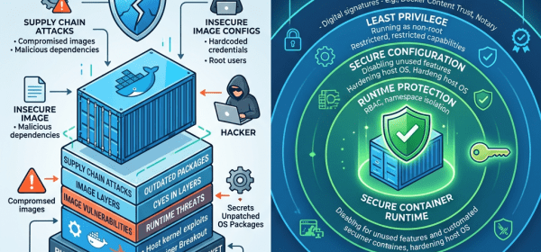 Diagram showing Docker container security risks on left and defense-in-depth protection layers on right