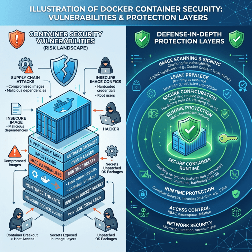 Diagram showing Docker container security risks on left and defense-in-depth protection layers on right