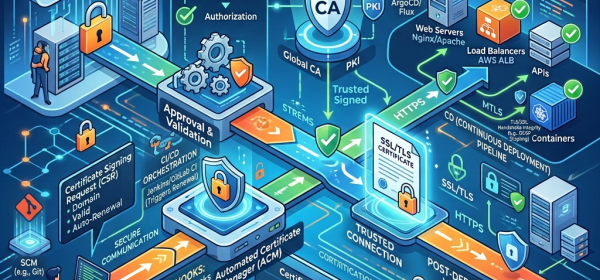 Automated certificate management pipeline showing cloud infrastructure, approval, CA integration, automated certificate manager, and deployment to production environment with connected components