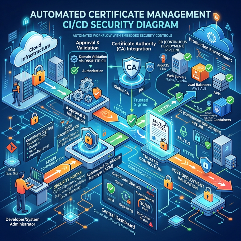 Automated certificate management pipeline showing cloud infrastructure, approval, CA integration, automated certificate manager, and deployment to production environment with connected components