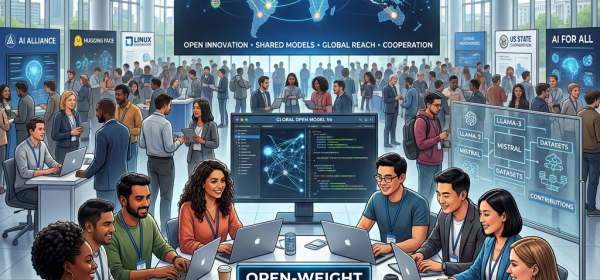 Group of diverse people working together on laptops in a tech conference hall focused on open-weight AI collaboration with global innovation map