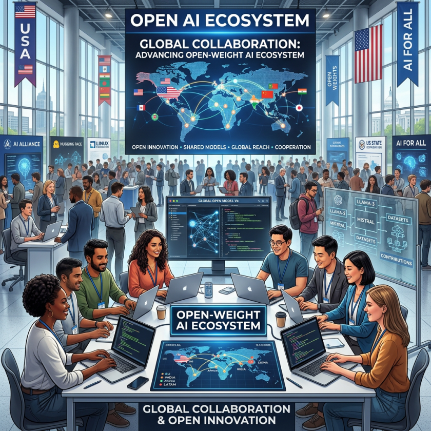 Group of diverse people working together on laptops in a tech conference hall focused on open-weight AI collaboration with global innovation map