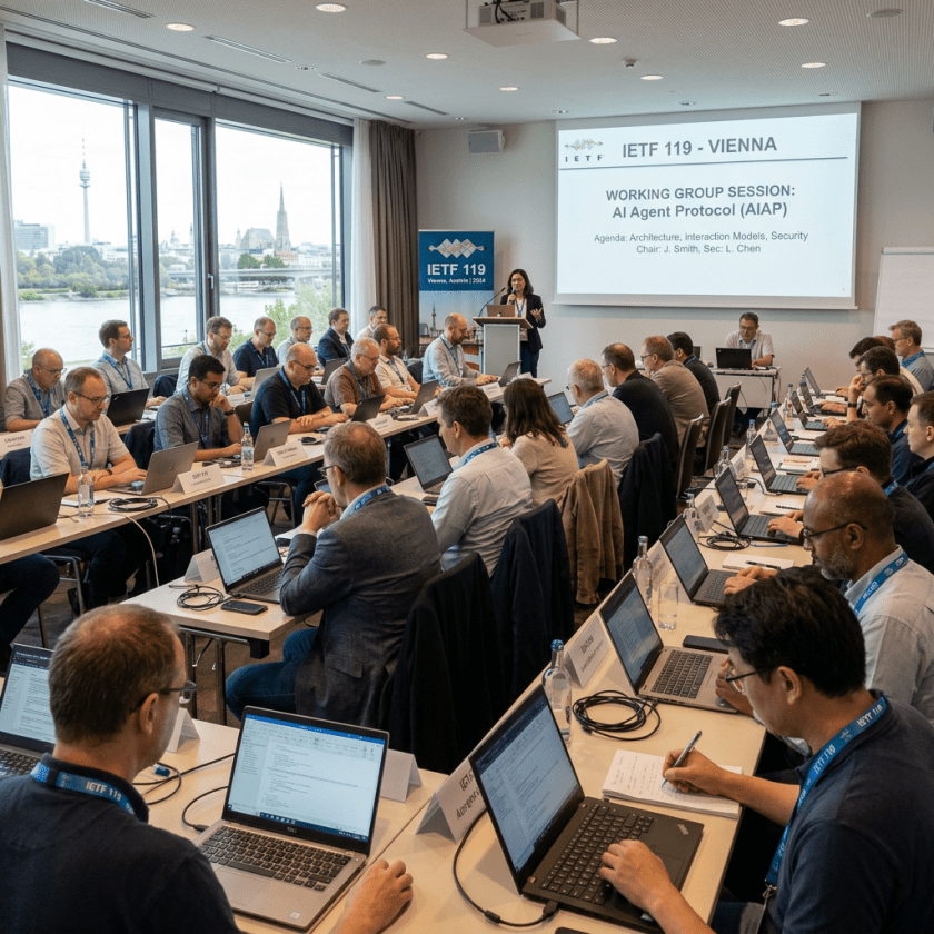 Meeting room with people working on laptops during IETF 119 AI Agent Protocol working group session in Vienna