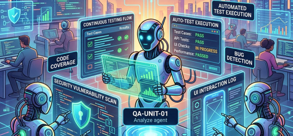 Illustration of AI agents performing software quality assurance tasks including security scans, UI interaction logs, and automated test execution