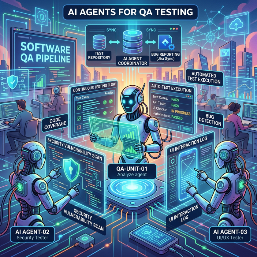 Illustration of AI agents performing software quality assurance tasks including security scans, UI interaction logs, and automated test execution