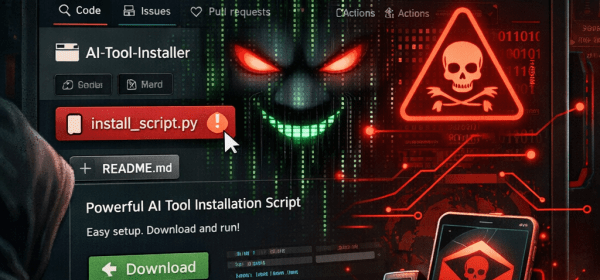 Computer screen showing fake GitHub repository with AI malware and phishing warnings