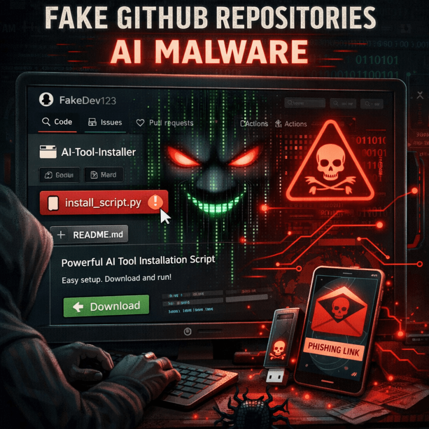 Computer screen showing fake GitHub repository with AI malware and phishing warnings