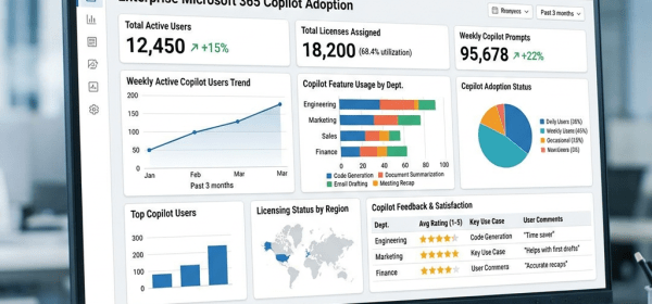 Dashboard on a monitor showing Microsoft 365 Copilot adoption statistics and charts