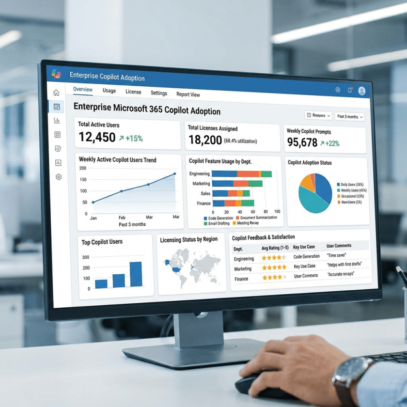 Dashboard on a monitor showing Microsoft 365 Copilot adoption statistics and charts