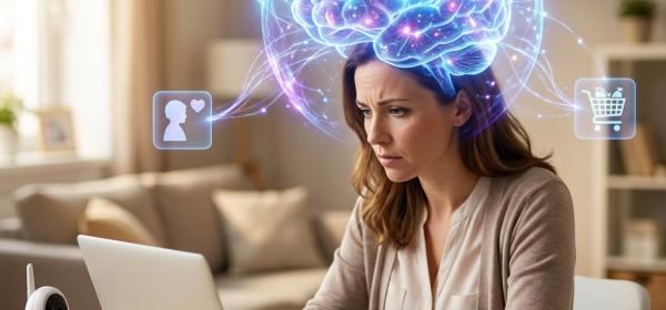 Woman working on laptop with glowing brain hologram and digital icons showing multitasking