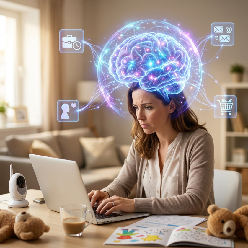 Woman working on laptop with glowing brain hologram and digital icons showing multitasking
