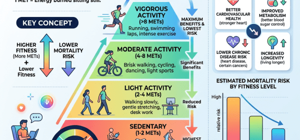 Infographic detailing MET levels from sedentary to vigorous activity and their related mortality risks and health benefits.