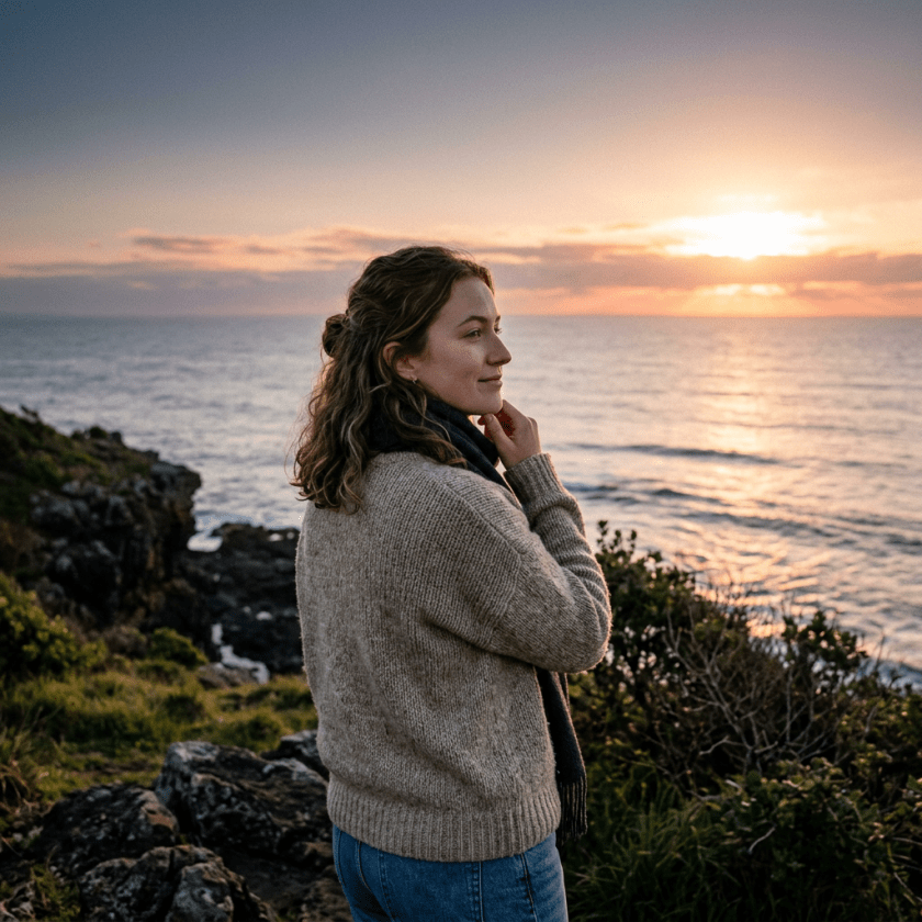 Woman standing on rocky coastline looking at ocean sunset