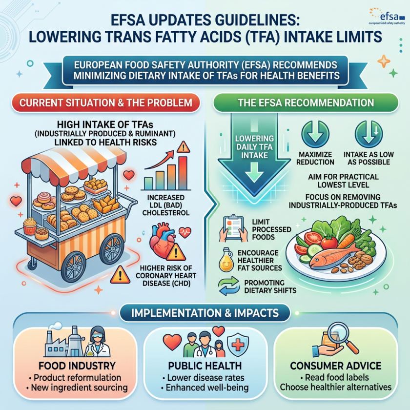 Infographic on EFSA recommendations for lowering trans fatty acids intake and related health impacts