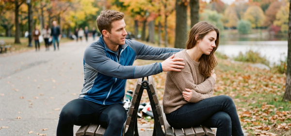 Man comforting woman sitting back-to-back on a park bench amid fall foliage.