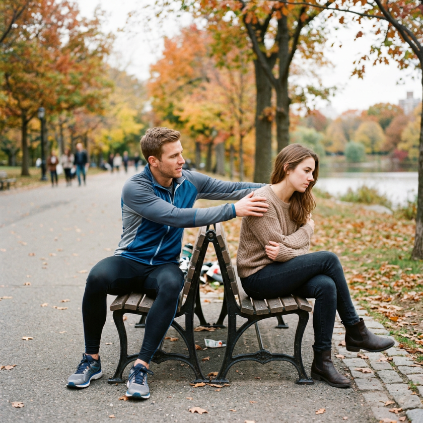 Man comforting woman sitting back-to-back on a park bench amid fall foliage.