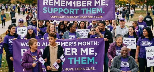 Group of people in purple participating in a World Alzheimer's Month awareness walk with banners and signs