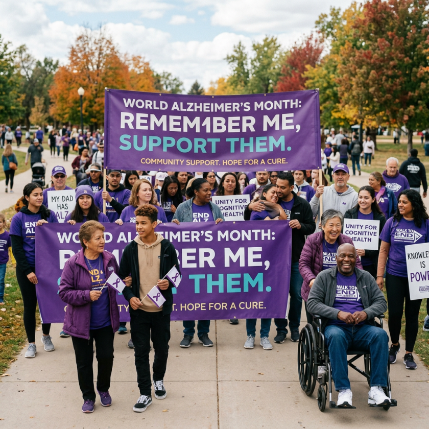 Group of people in purple participating in a World Alzheimer's Month awareness walk with banners and signs