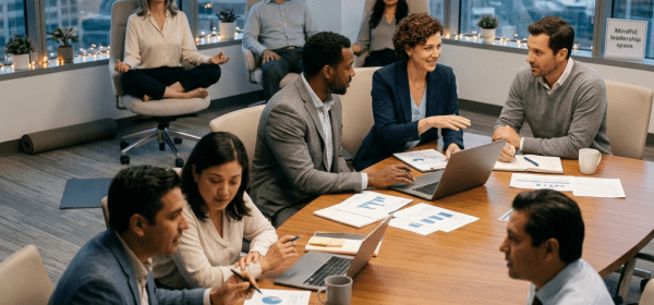 Business team meeting with laptops and charts as colleagues meditate in the background