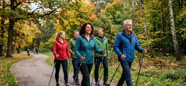 Group of five adults walking with poles on a paved path in an autumn forest