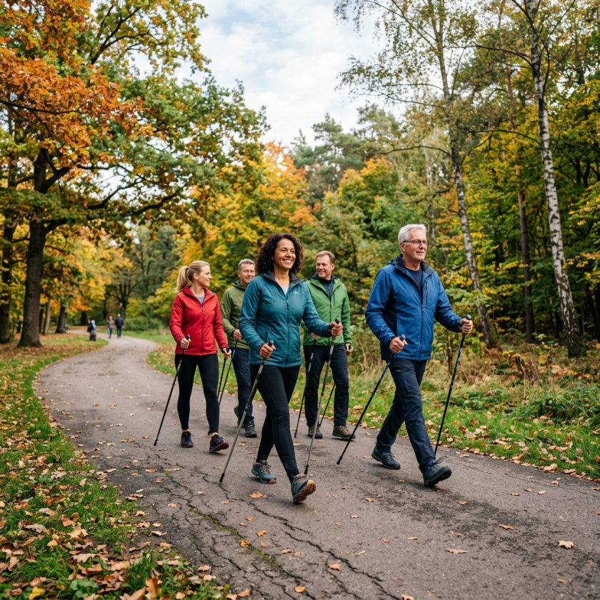 Group of five adults walking with poles on a paved path in an autumn forest