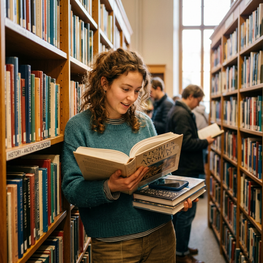 Young woman reading 'Stories of the Ancient World' book in a library aisle
