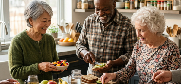 Seniors sharing healthy snacks like fruits, vegetables, nuts, and bread in a kitchen