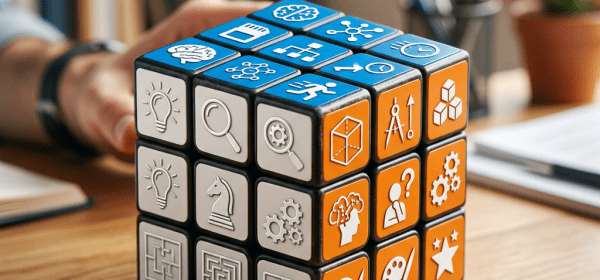 A Rubik's cube with icons representing ideas, analysis, creativity, and strategy on each square