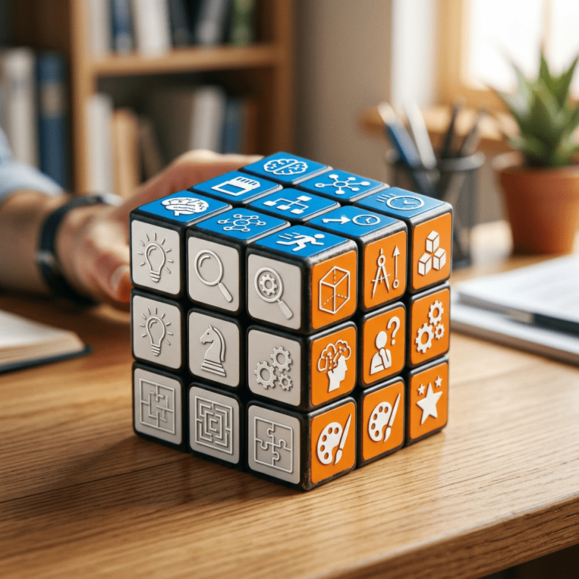A Rubik's cube with icons representing ideas, analysis, creativity, and strategy on each square