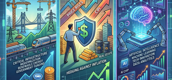 Infographic illustrating infrastructure stocks, inflation defense strategies, and AI growth theme with charts and icons.