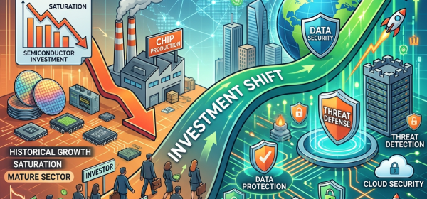 Illustration showing declining semiconductor investment and rising cybersecurity investment opportunity