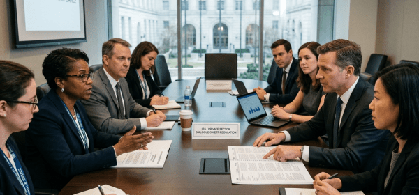 Group of professionals in a conference room discussing ETF taxation and regulatory compliance with documents and laptops