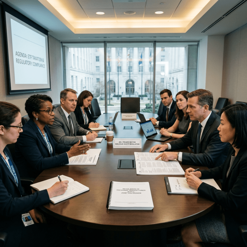 Group of professionals in a conference room discussing ETF taxation and regulatory compliance with documents and laptops