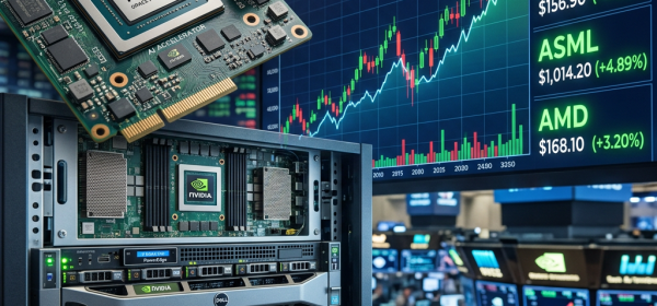 NVIDIA AI accelerator chip with stock market graph and trading floor background