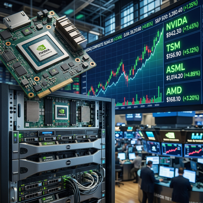 NVIDIA AI accelerator chip with stock market graph and trading floor background