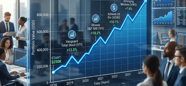 Line chart showing growth of global diversified ETF portfolio from $250K to $1.15M between 2018 and 2024 with portfolio allocation pie chart